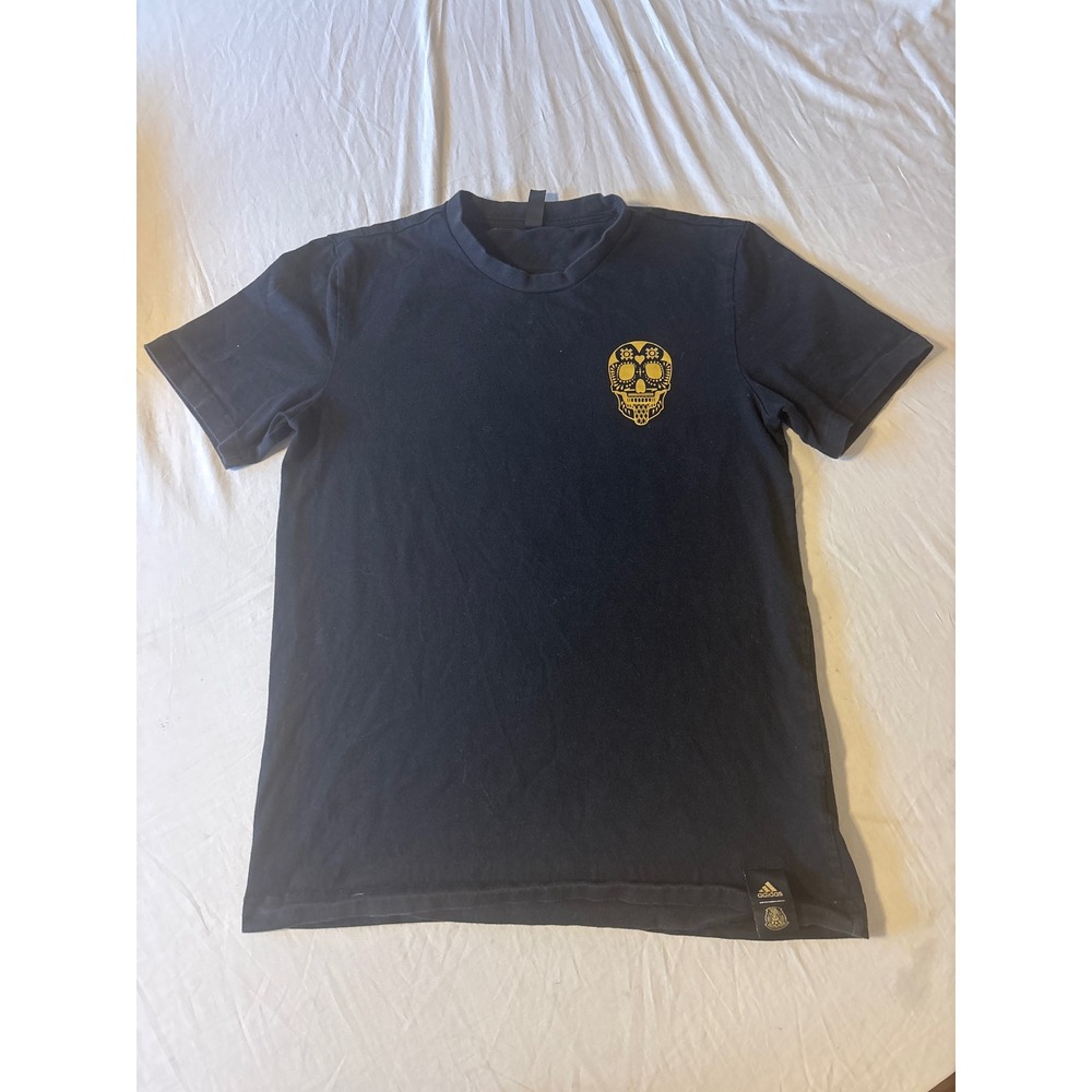 Adidas Mexico Soccer T-Shirt Mens Small Black Excellent Gold Sugar Skull FMF